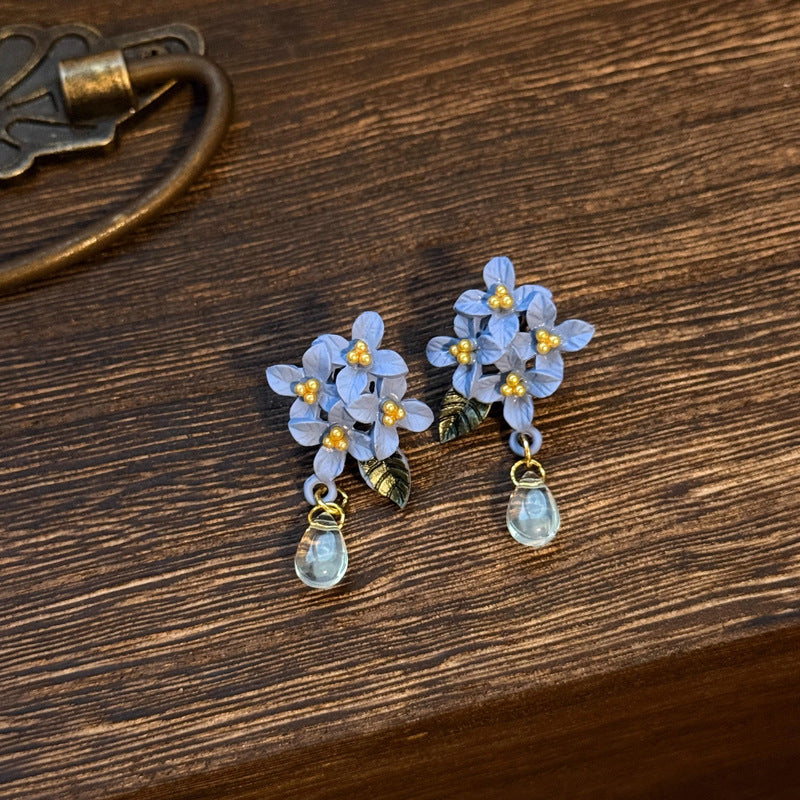 Fog Blue Hydrangea" Retro Style Handmade Polymer Clay Flower & Water Drop Earrings