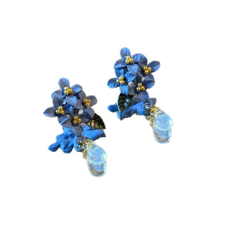 Fog Blue Hydrangea" Retro Style Handmade Polymer Clay Flower & Water Drop Earrings