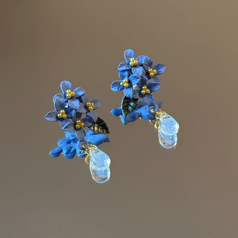 Fog Blue Hydrangea" Retro Style Handmade Polymer Clay Flower & Water Drop Earrings